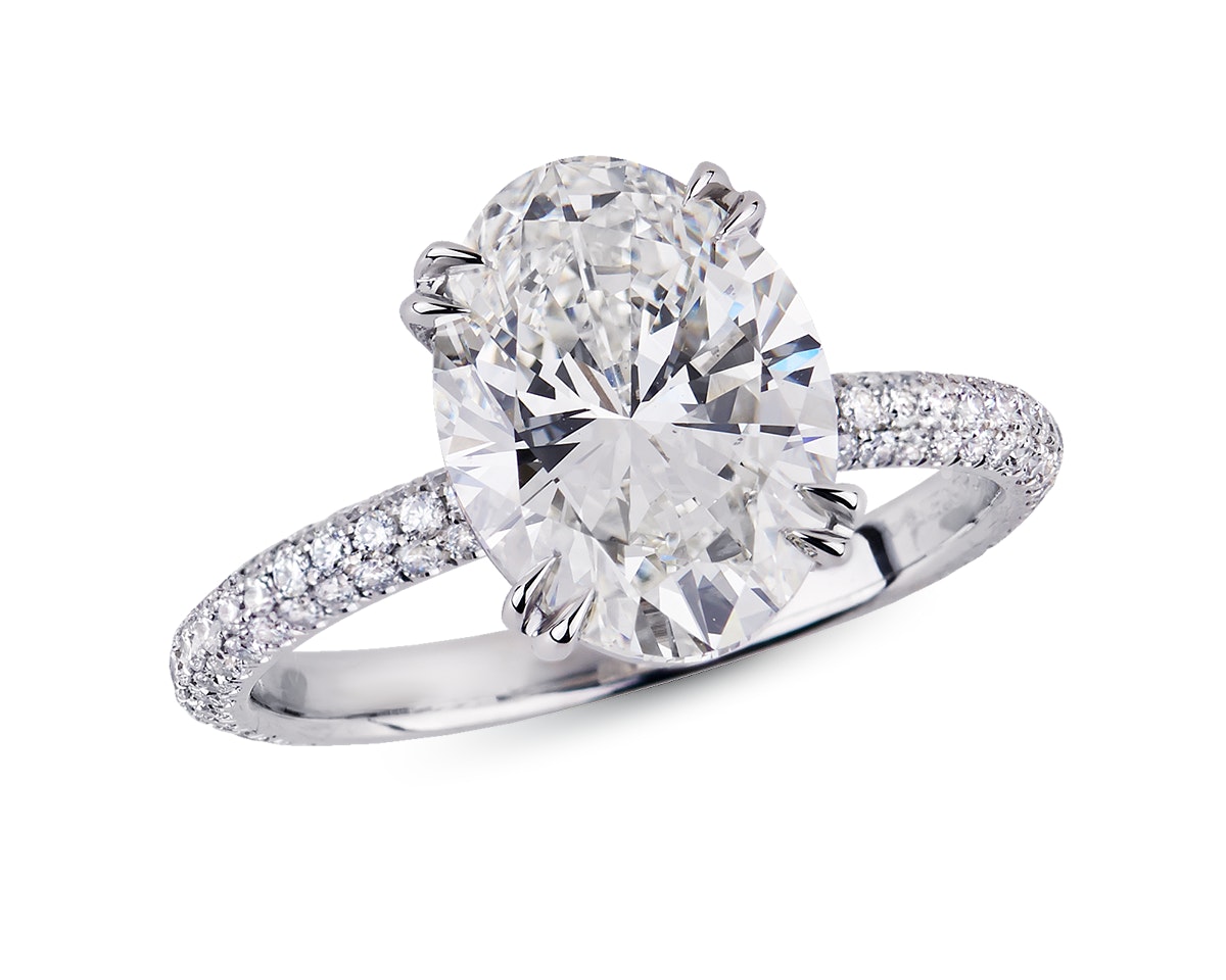 The Alaria Solitaire with 3ct Oval in a Multi-Row 3d Pave Band