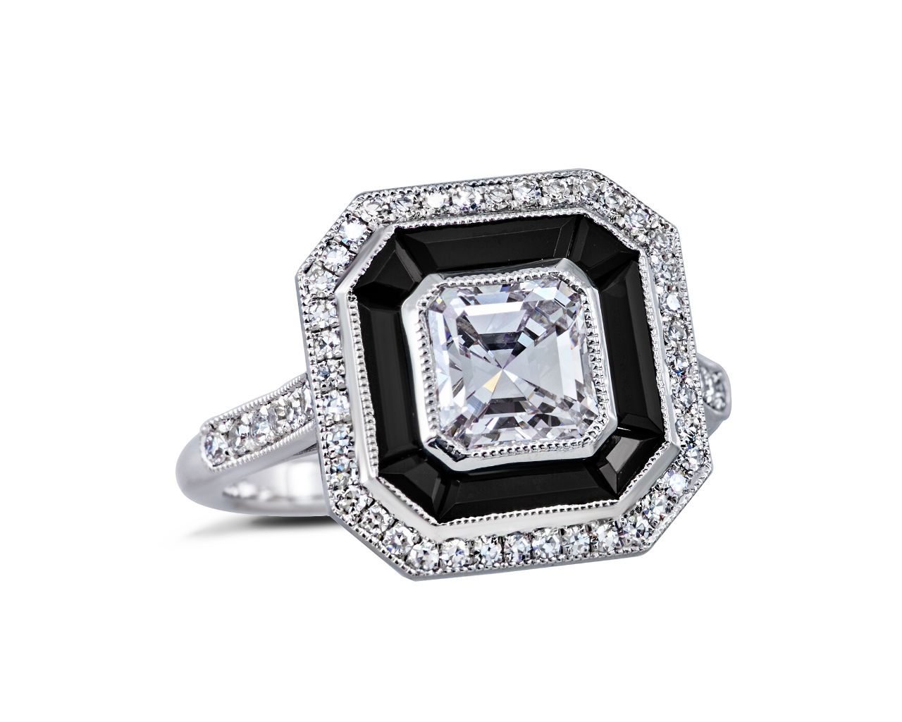 Art Deco Asscher Cut Halo with Onyx Inlay