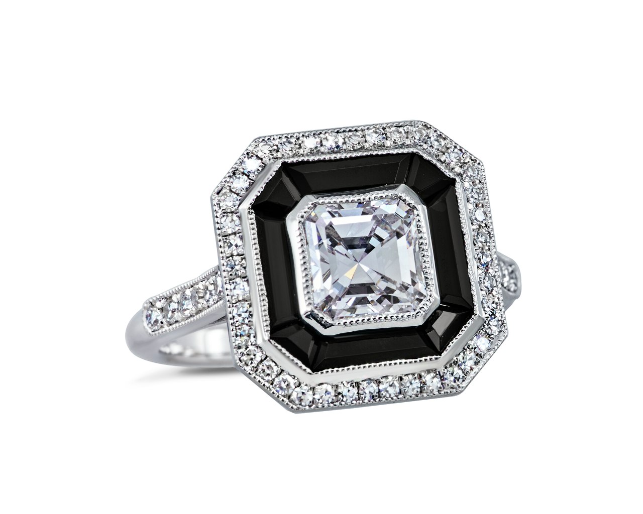 Art Deco Asscher Cut Halo with Onyx Inlay