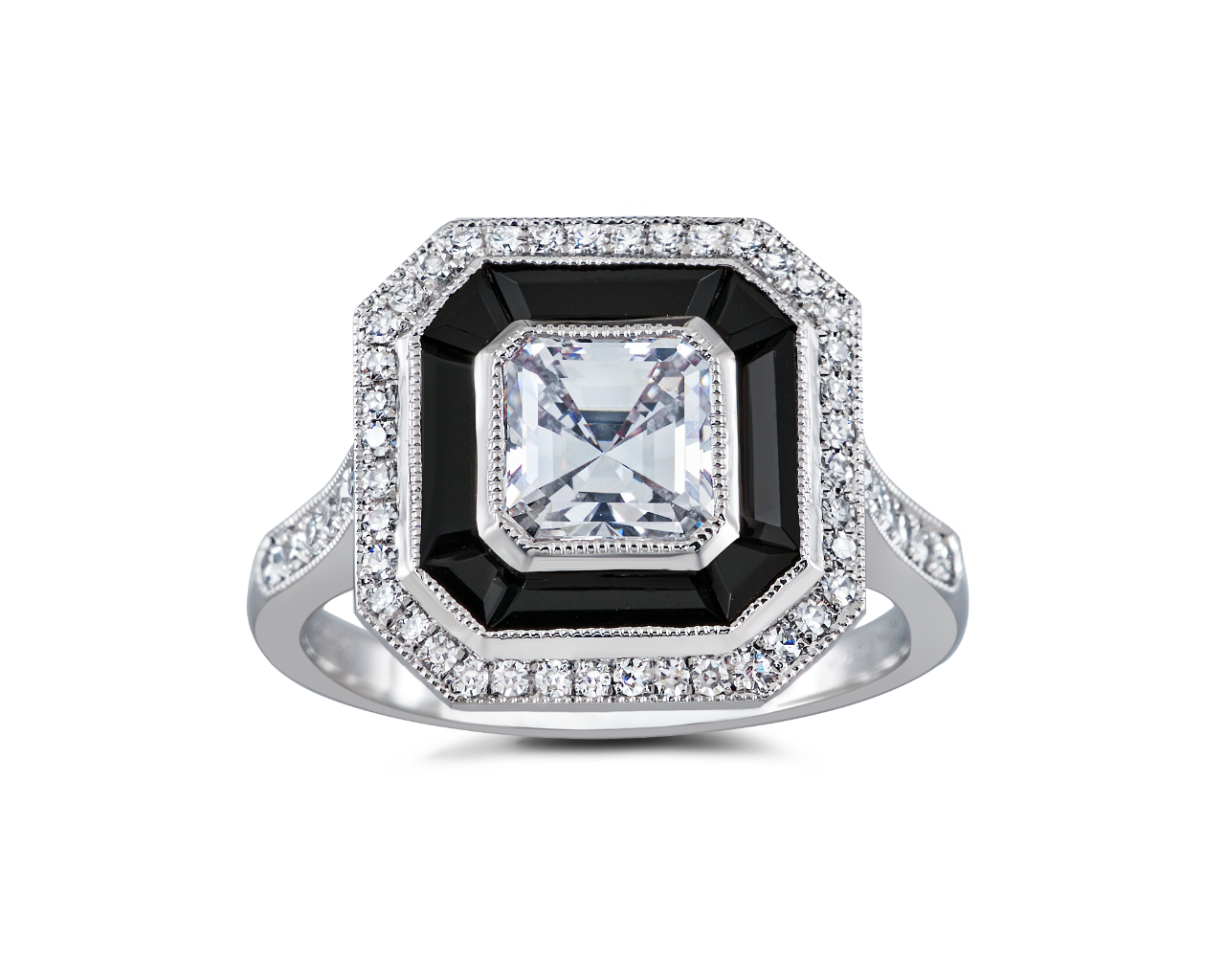 Art Deco Asscher Cut Halo with Onyx Inlay