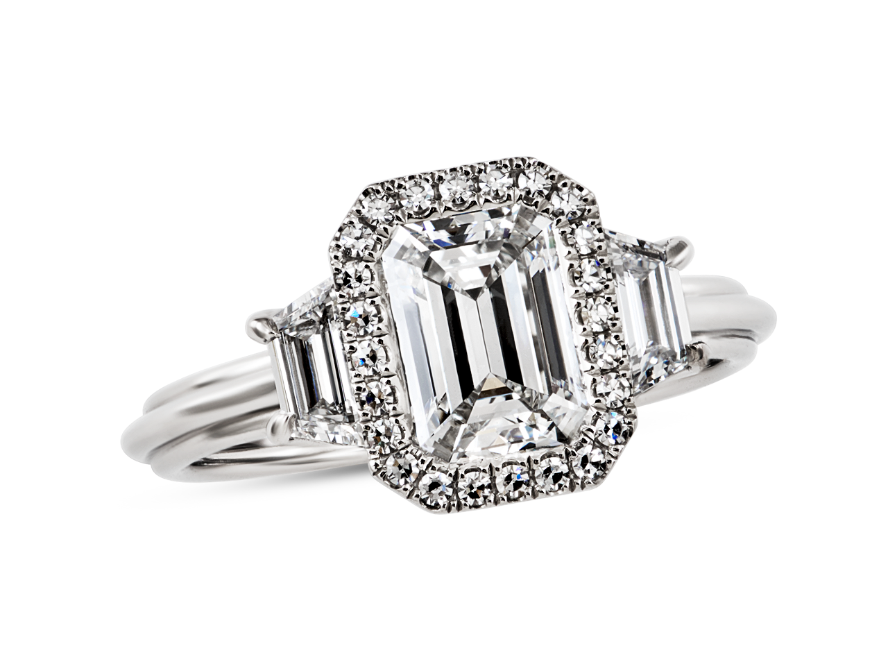AVISHAG - Emerald Cut Three Stone Diamond Engagement Ring with Marquise  Side Diamonds - Kosher Diamonds