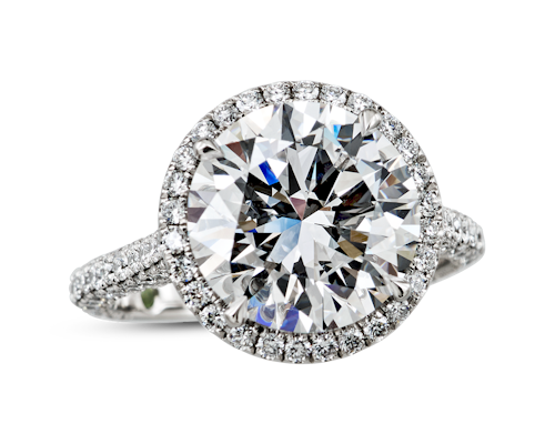 A Round Halo Engagement Ring with a Cathedral Band set with 3D