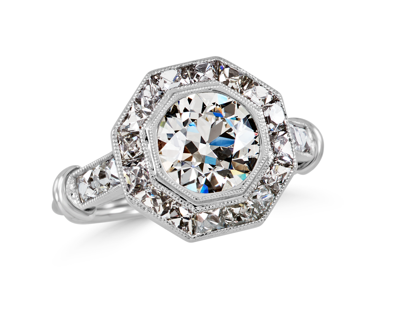 An Art Deco Inspired OEC Ring with a French Cut Octagonal Halo