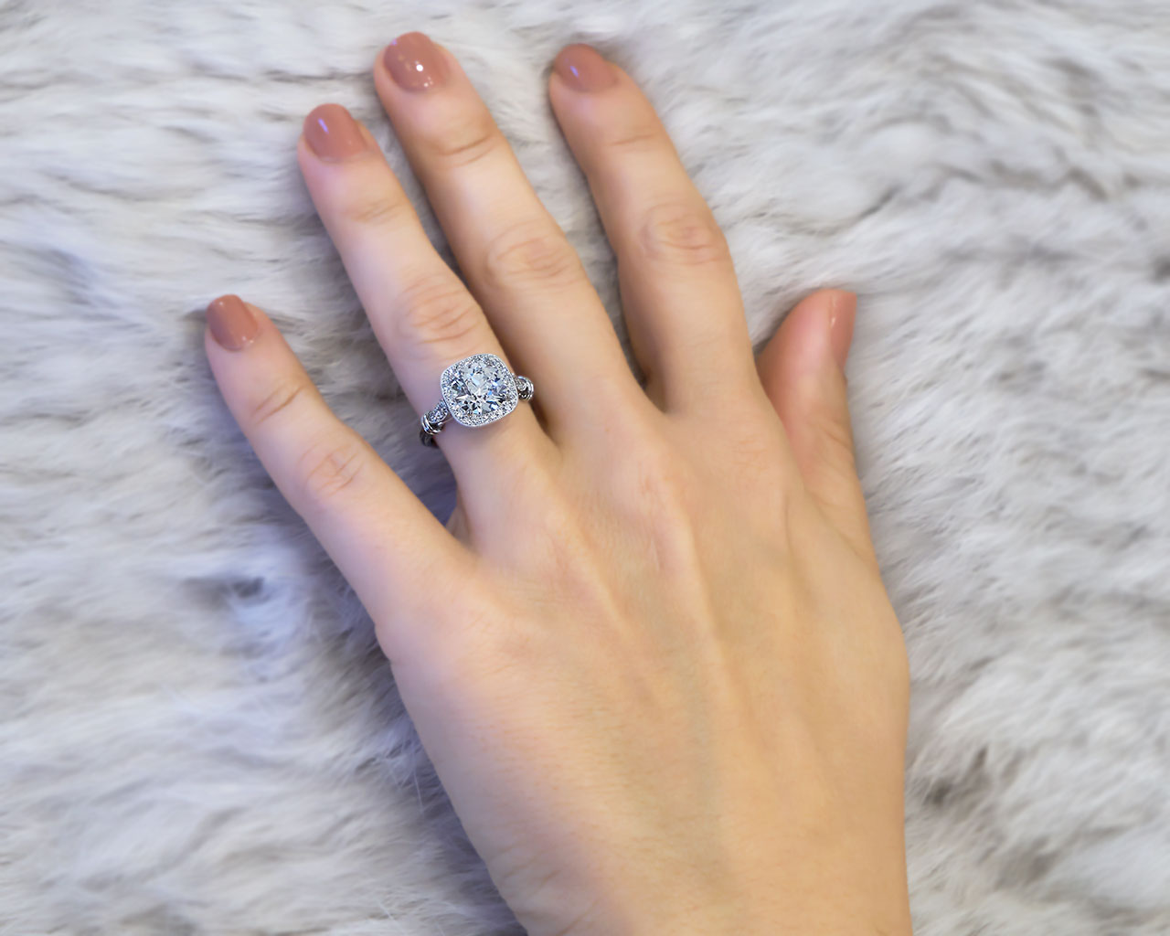 Vintage Cushion Halo Ring with Old European Cut \u0026 Antique Elements, image size:1280x1024