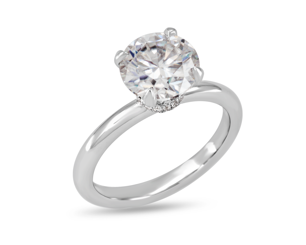 A timeless four prong engagement ring design with an under halo